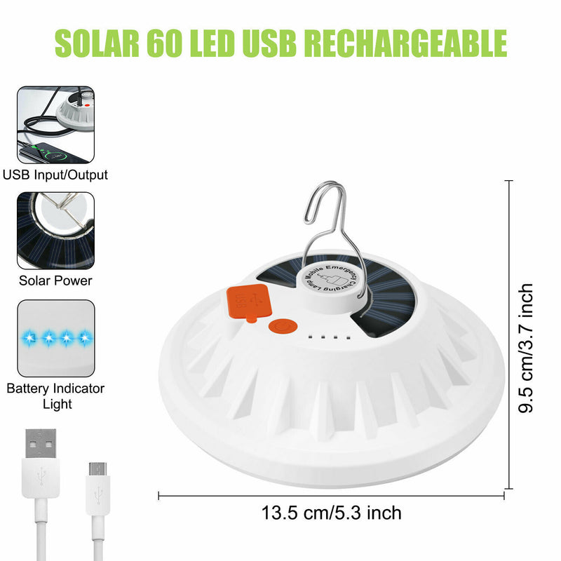 Rechargeable 60 LED Outdoor Camping Tent Light USB & Solar Lantern Hiking Lamp