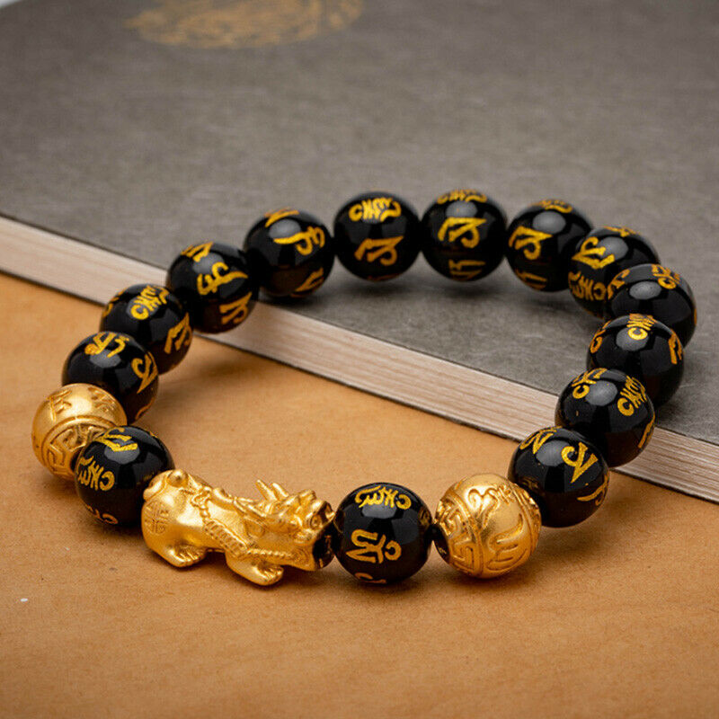 Feng Shui Black Obsidian Beads Bracelet Attract Wealth & Good Luck Bangle Pi Xiu