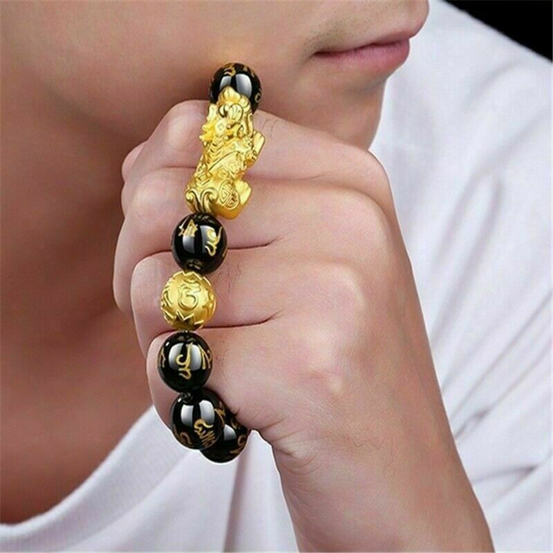 Feng Shui Black Obsidian Beads Bracelet Attract Wealth & Good Luck Bangle Pi Xiu