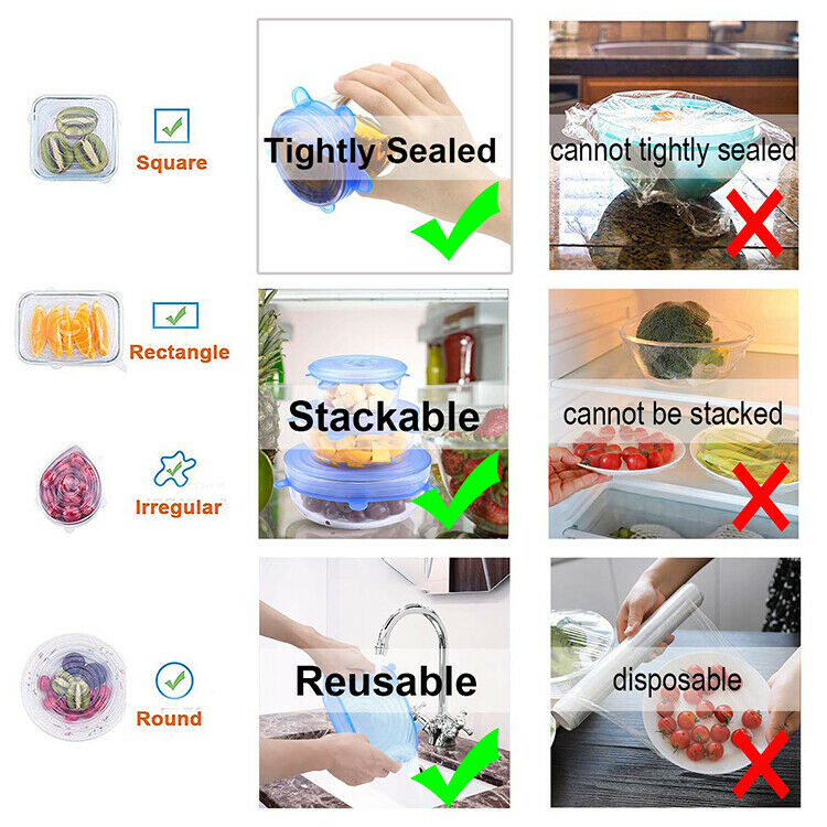 6Pcs Stretch Silicone Lids Bowl Reusable Kitchen Food Storage Wrap Sealing Cover