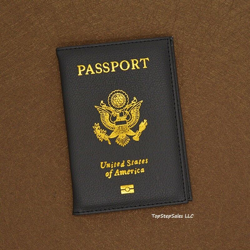 LEATHER PASSPORT HOLDER COVER WALLET TRAVEL CASE EMBLEM GOLD NEW USA