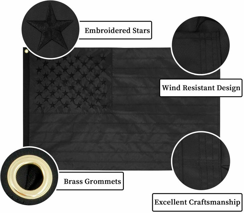 3x5FT Embroidered All Black American Flag US Black Flag Tactical Decor Blackout